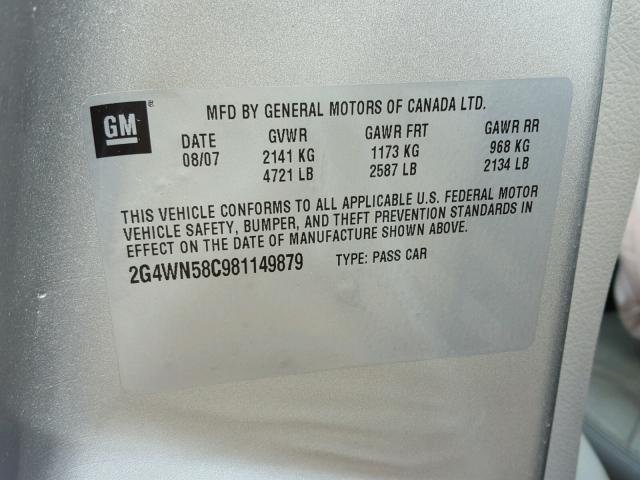 2G4WN58C981149879 - 2008 BUICK LACROSSE S SILVER photo 10