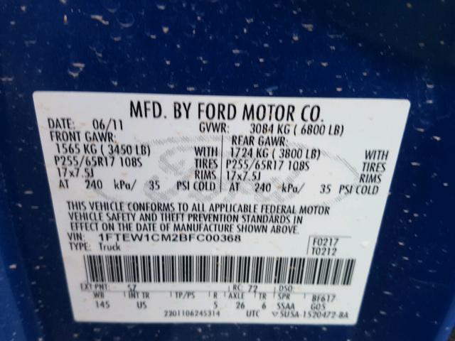 1FTEW1CM2BFC00368 - 2011 FORD F150 SUPER BLUE photo 10