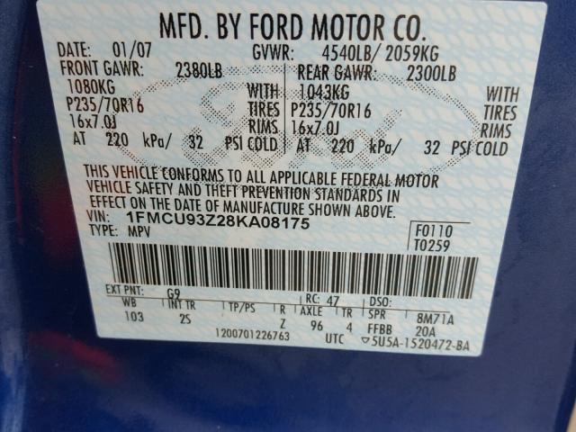 1FMCU93Z28KA08175 - 2008 FORD ESCAPE XLT BLUE photo 10