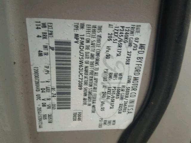 1FMDU75W63UC73089 - 2003 FORD EXPLORER L SILVER photo 10