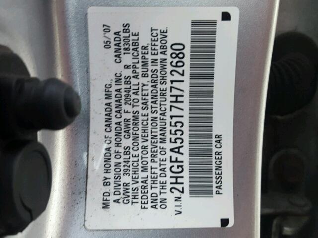 2HGFA55517H712680 - 2007 HONDA CIVIC SI SILVER photo 10