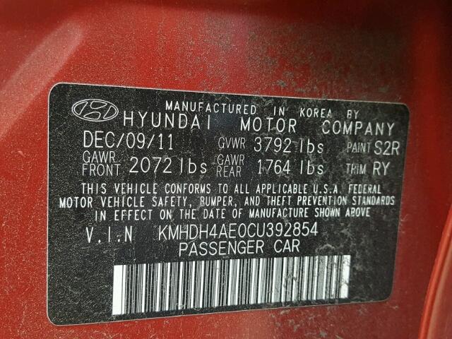 KMHDH4AE0CU392854 - 2012 HYUNDAI ELANTRA GL RED photo 10