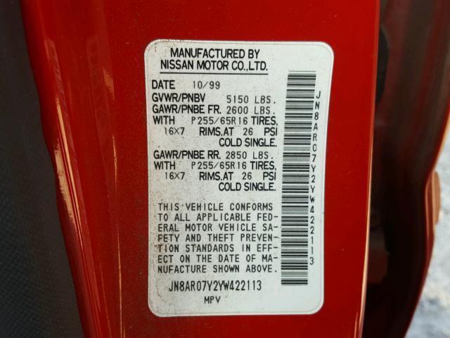 JN8AR07Y2YW422113 - 2000 NISSAN PATHFINDER RED photo 10