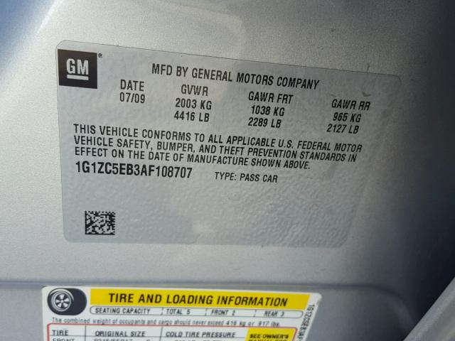 1G1ZC5EB3AF108707 - 2010 CHEVROLET MALIBU 1LT SILVER photo 10