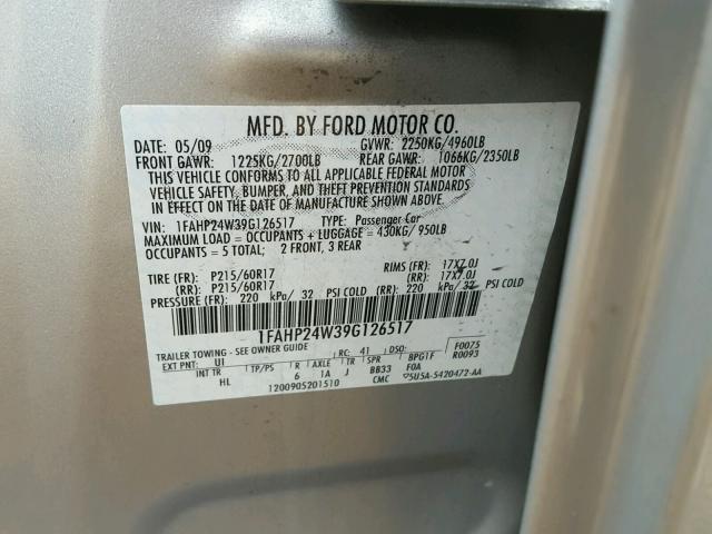 1FAHP24W39G126517 - 2009 FORD TAURUS SEL SILVER photo 10