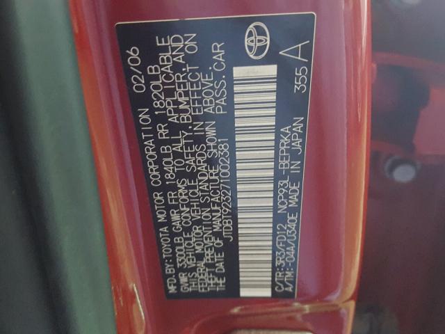 JTDBT923271002381 - 2007 TOYOTA YARIS RED photo 10