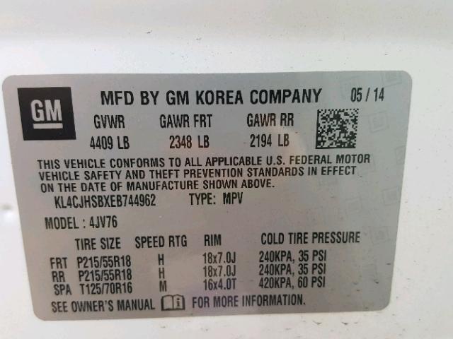 KL4CJHSBXEB744962 - 2014 BUICK ENCORE PRE WHITE photo 10