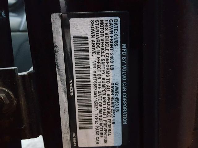 YV1TS592461445329 - 2006 VOLVO S80 2.5T BLACK photo 10