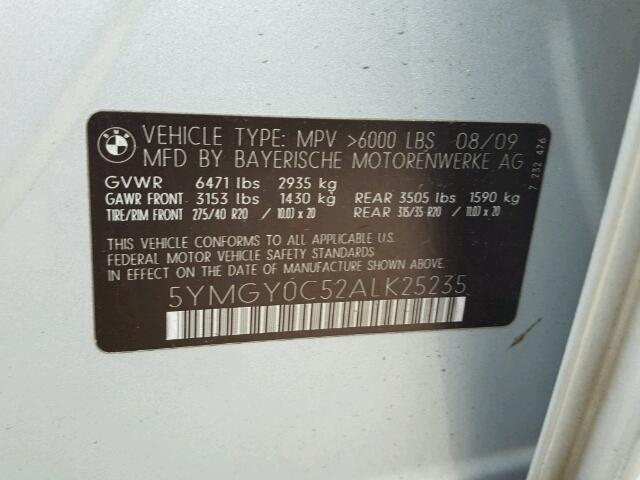 5YMGY0C52ALK25235 - 2010 BMW X5 M GRAY photo 10