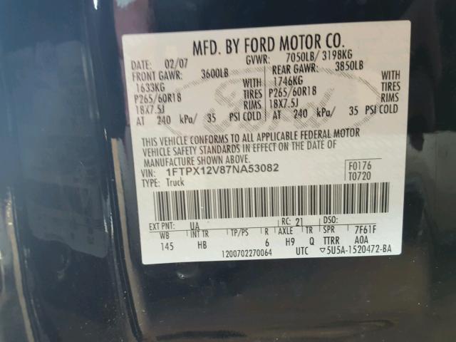 1FTPX12V87NA53082 - 2007 FORD F150 BLACK photo 10