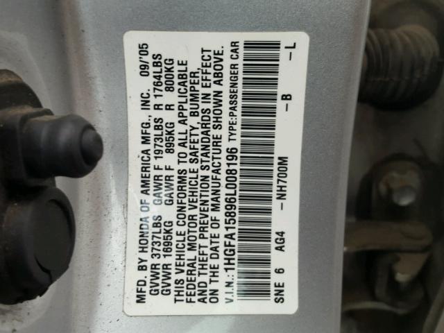 1HGFA15896L008196 - 2006 HONDA CIVIC EX SILVER photo 10