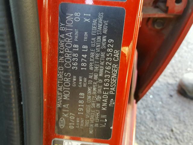 KNADE163376235829 - 2007 KIA RIO 5 SX RED photo 10