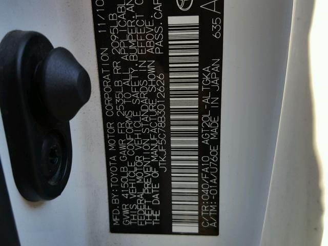 JTKJF5C78B3012626 - 2011 TOYOTA SCION TC WHITE photo 10