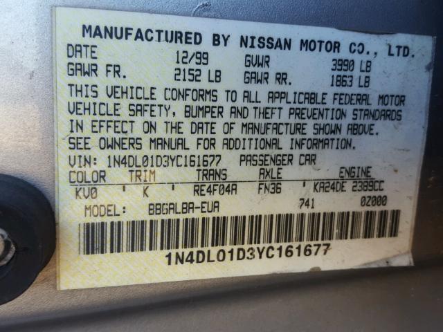 1N4DL01D3YC161677 - 2000 NISSAN ALTIMA XE SILVER photo 10