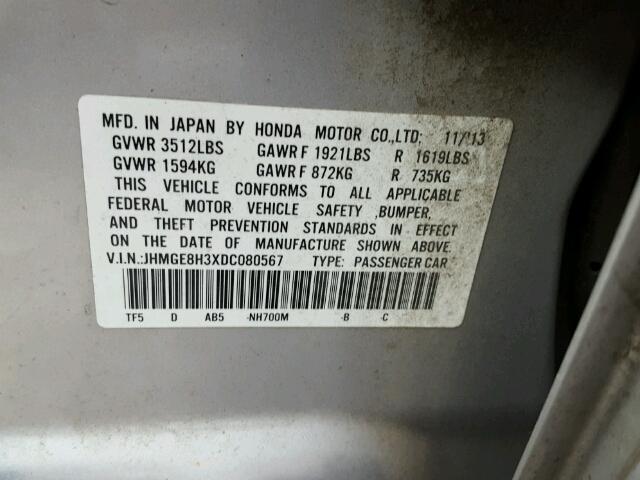 JHMGE8H3XDC080567 - 2013 HONDA FIT SILVER photo 10