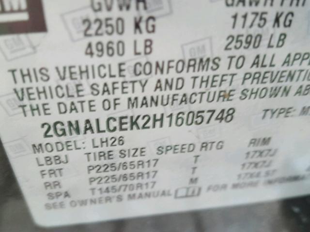 2GNALCEK2H1605748 - 2017 CHEVROLET EQUINOX LT GRAY photo 10