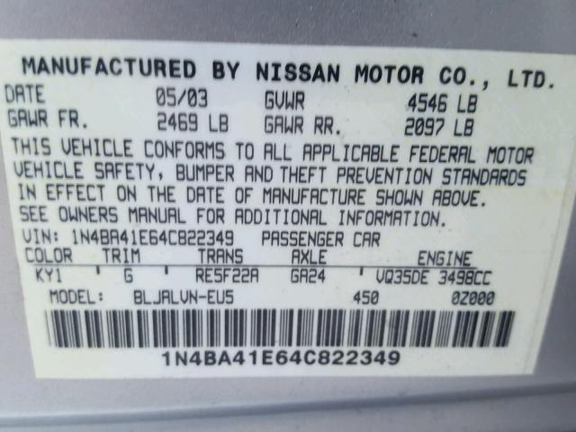 1N4BA41E64C822349 - 2004 NISSAN MAXIMA SE SILVER photo 10