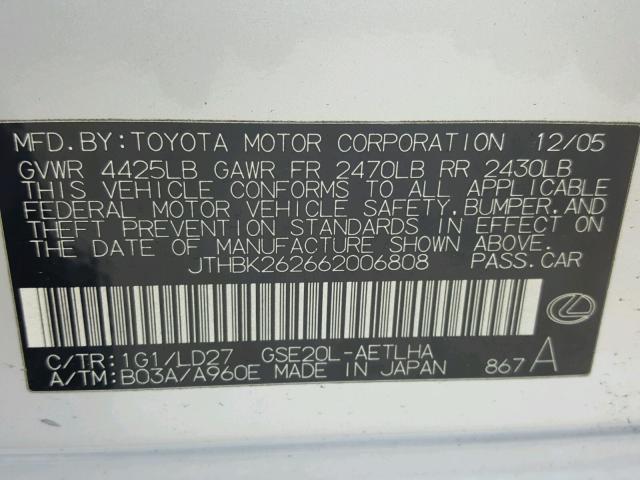 JTHBK262662006808 - 2006 LEXUS IS 250 SILVER photo 10