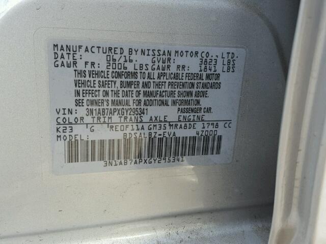 3N1AB7APXGY295341 - 2016 NISSAN SENTRA S SILVER photo 10