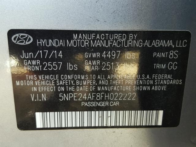 5NPE24AF8FH022222 - 2015 HYUNDAI SONATA SE GRAY photo 10