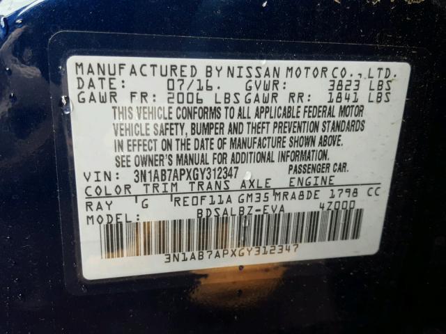 3N1AB7APXGY312347 - 2016 NISSAN SENTRA S BLUE photo 10