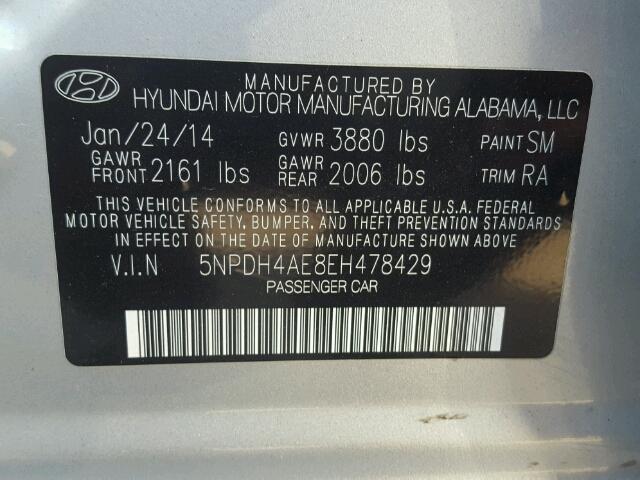 5NPDH4AE8EH478429 - 2014 HYUNDAI ELANTRA SE SILVER photo 10