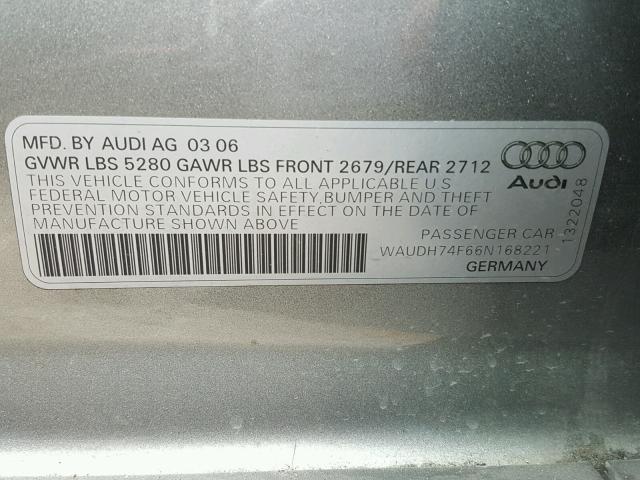 WAUDH74F66N168221 - 2006 AUDI A6 3.2 QUA GRAY photo 10