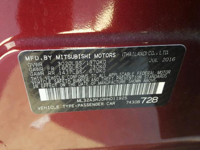 ML32A3HJ0HH011925 - 2017 MITSUBISHI MIRAGE ES BURGUNDY photo 10