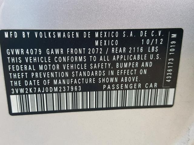 3VW2K7AJ0DM237963 - 2013 VOLKSWAGEN JETTA BASE SILVER photo 10