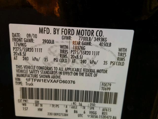 1FTFW1EVXAFD60376 - 2010 FORD F150 SUPER BLACK photo 10