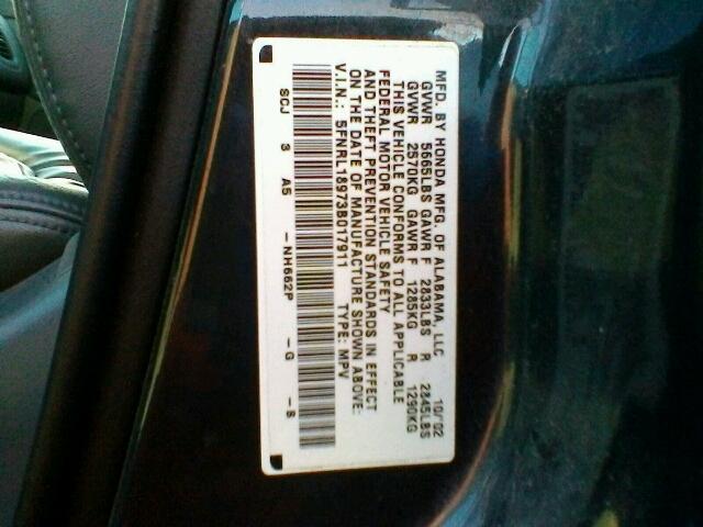 5FNRL18973B017911 - 2003 HONDA ODYSSEY EX BLUE photo 10