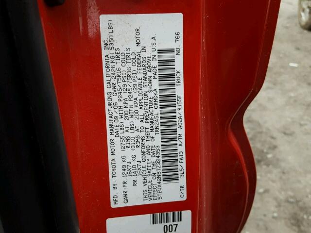 5TEUX42N87Z324353 - 2007 TOYOTA TACOMA ACC RED photo 10