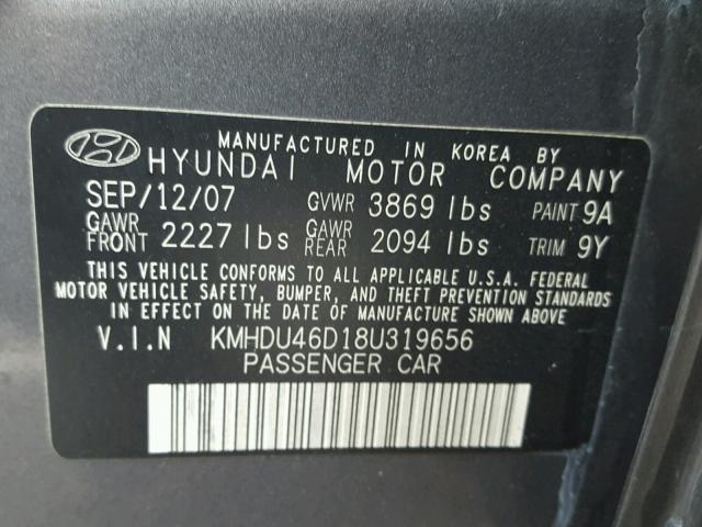 KMHDU46D18U319656 - 2008 HYUNDAI ELANTRA GL GRAY photo 10