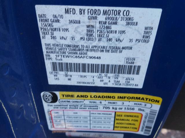 1FTEW1C85AFC90648 - 2010 FORD F150 BLUE photo 10