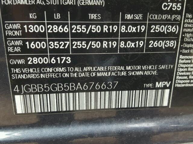 4JGBB5GB5BA676637 - 2011 MERCEDES-BENZ ML 350 GRAY photo 10