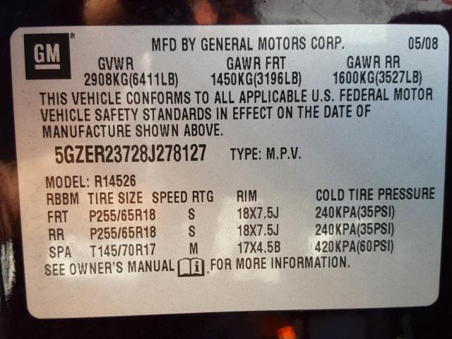 5GZER23728J278127 - 2008 SATURN OUTLOOK XR მუქწითელი ფოტო 10