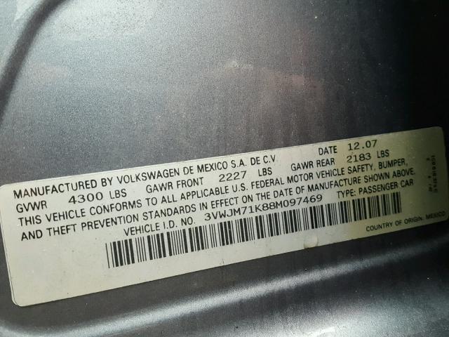 3VWJM71K88M097469 - 2008 VOLKSWAGEN JETTA S GRAY photo 10