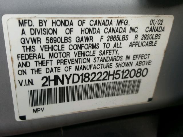 2HNYD18222H512080 - 2002 ACURA MDX SILVER photo 10