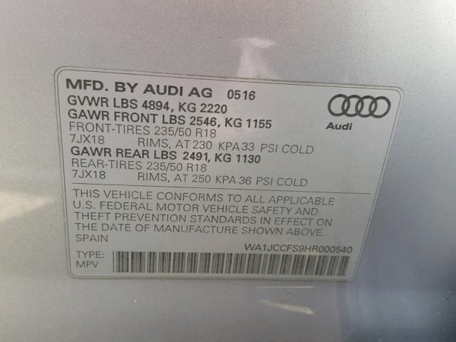 WA1JCCFS9HR000540 - 2017 AUDI Q3 PREMIUM GRAY photo 10