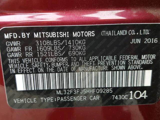 ML32F3FJ5HHF09285 - 2017 MITSUBISHI MIRAGE G4 MAROON photo 10