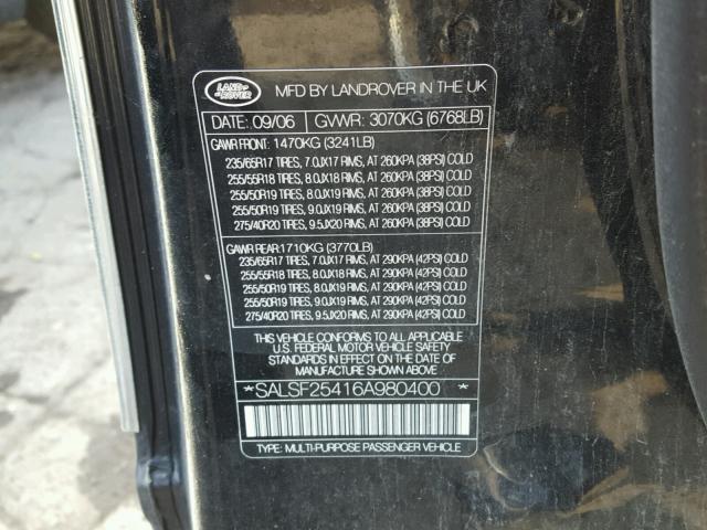 SALSF25416A980400 - 2006 LAND ROVER RANGE ROVE BLACK photo 10