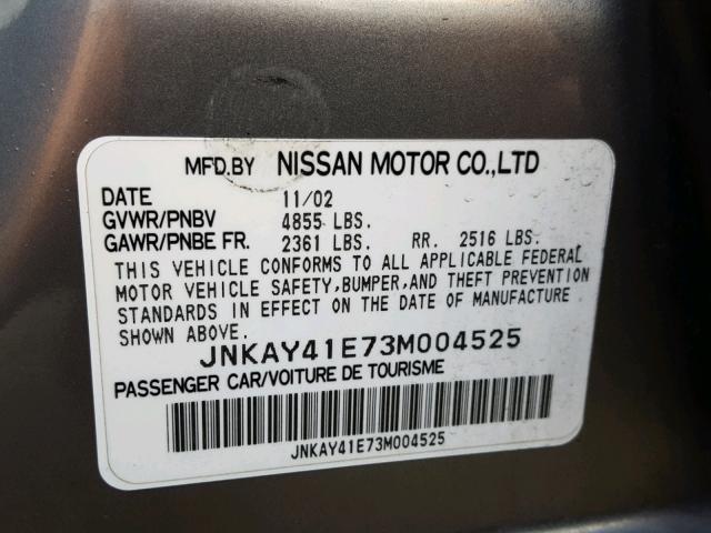 JNKAY41E73M004525 - 2003 INFINITI M45 GRAY photo 10