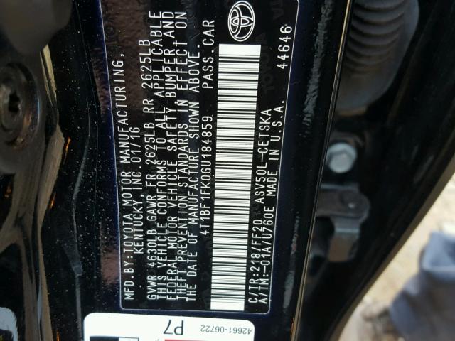 4T1BF1FK0GU184859 - 2016 TOYOTA CAMRY LE შავი ფოტო 10