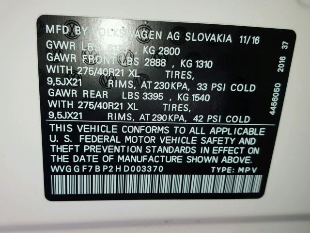 WVGGF7BP2HD003370 - 2017 VOLKSWAGEN TOUAREG EX 白色 照片 10
