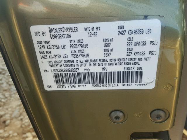 1J4GK38K03W602957 - 2003 JEEP LIBERTY RE GREEN photo 10