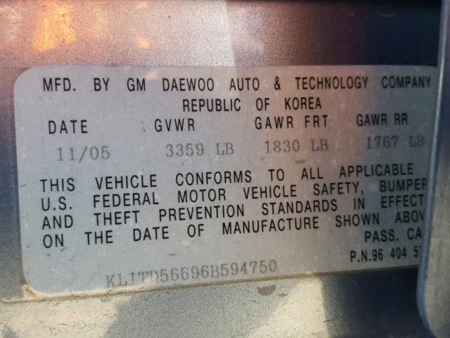 KL1TD56696B594750 - 2006 CHEVROLET AVEO BASE Niebieski zdjęcie 10