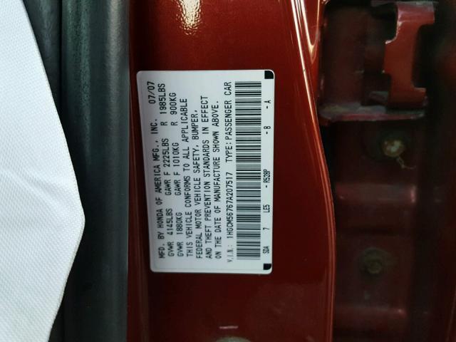 1HGCM56767A207517 - 2007 HONDA ACCORD EX RED photo 10