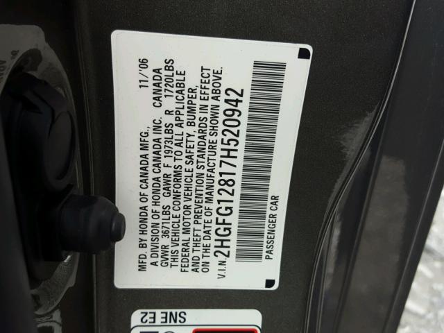 2HGFG12817H520942 - 2007 HONDA CIVIC EX GRAY photo 10