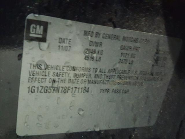 1G1ZG57N78F171184 - 2008 CHEVROLET MALIBU LS შავი ფოტო 10