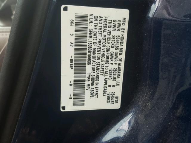 5FNRL18083B155538 - 2003 HONDA ODYSSEY EX BLUE photo 10